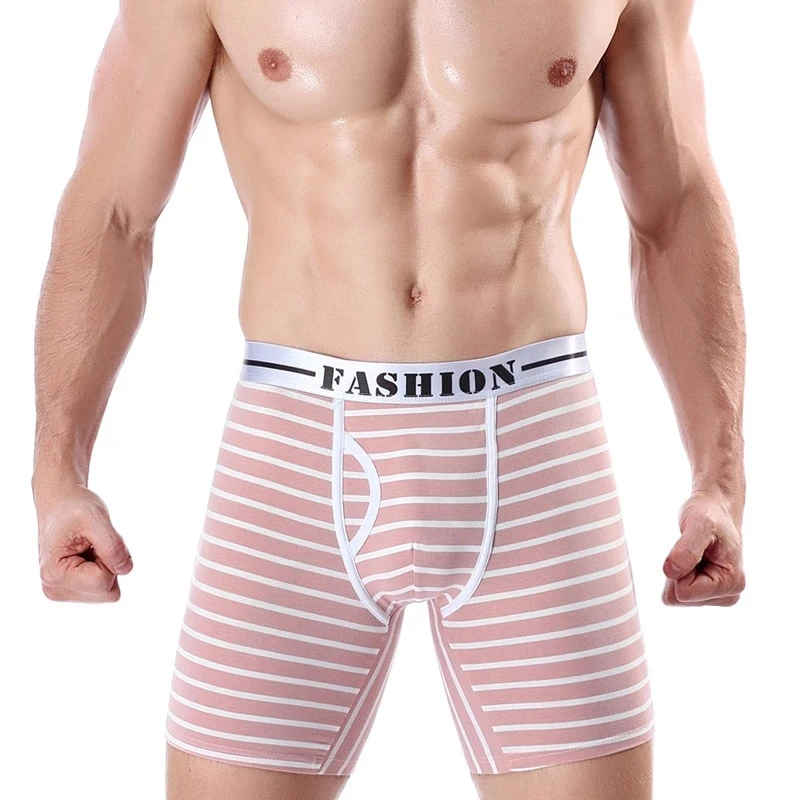 Plus Size Men Stripe Long Leg Boxers Mens Running Fitness Boxer Shorts Cotton Breathable Comfortable Male Underpants Cueca Homme