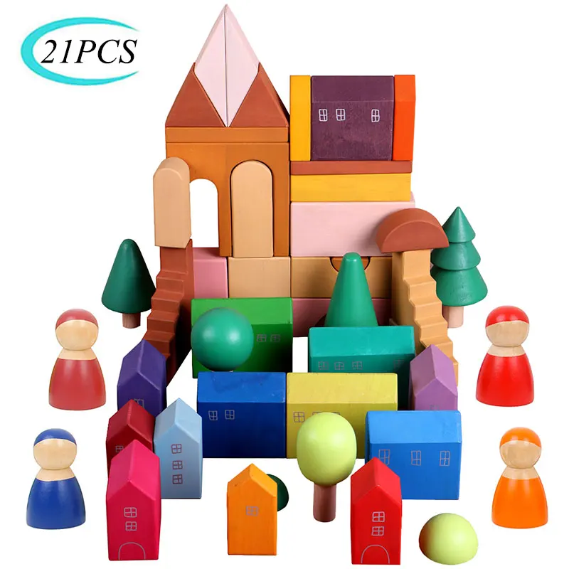 Montessori Rainbow Building Block Solid Wood Educational Toy Rainbow Forest Castle Puppet Creative Puzzle Educational Toy To Kid