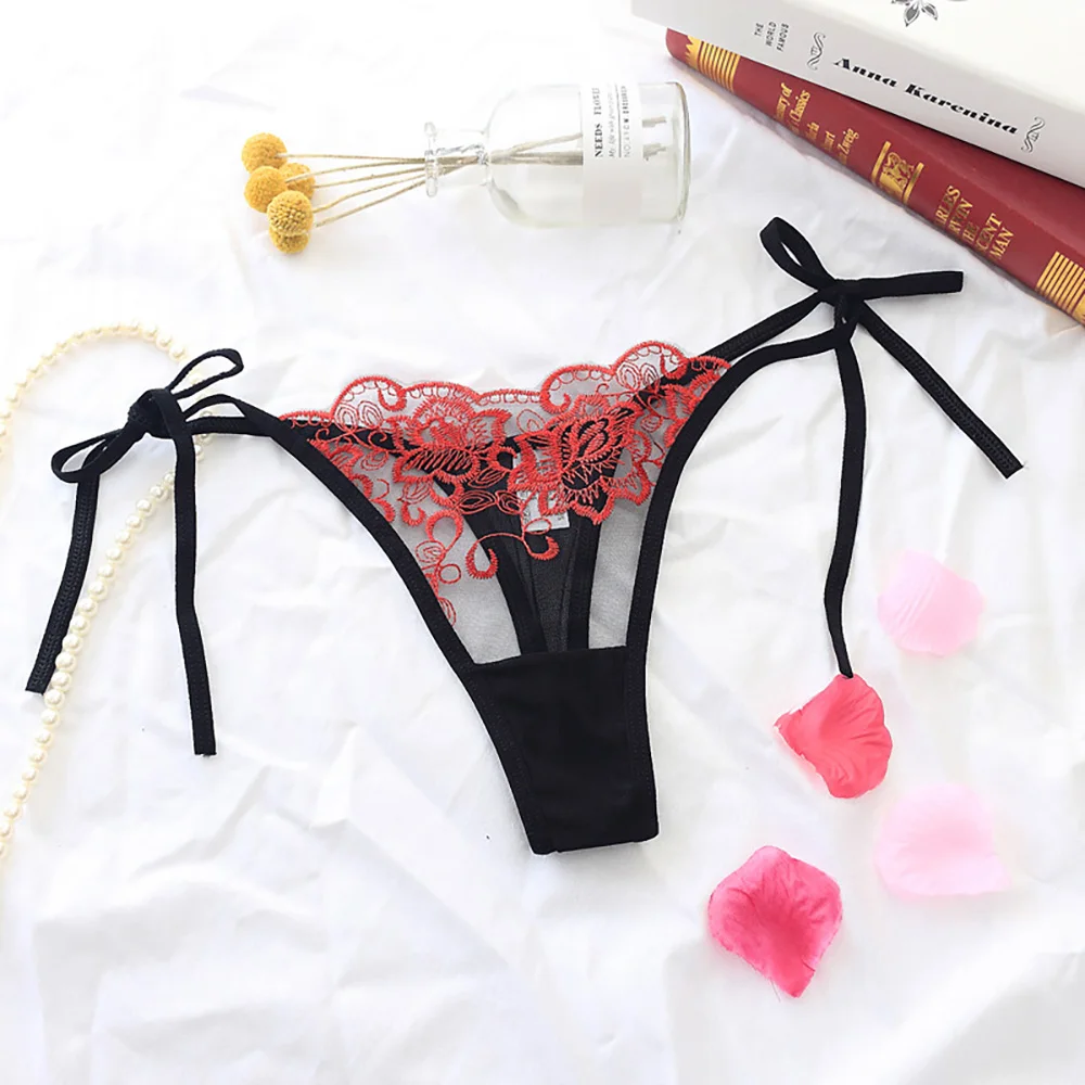 Bragas de encaje bordadas para mujer, ropa interior Sexy transparente de cintura baja, calada de algodón, lencería sin costuras