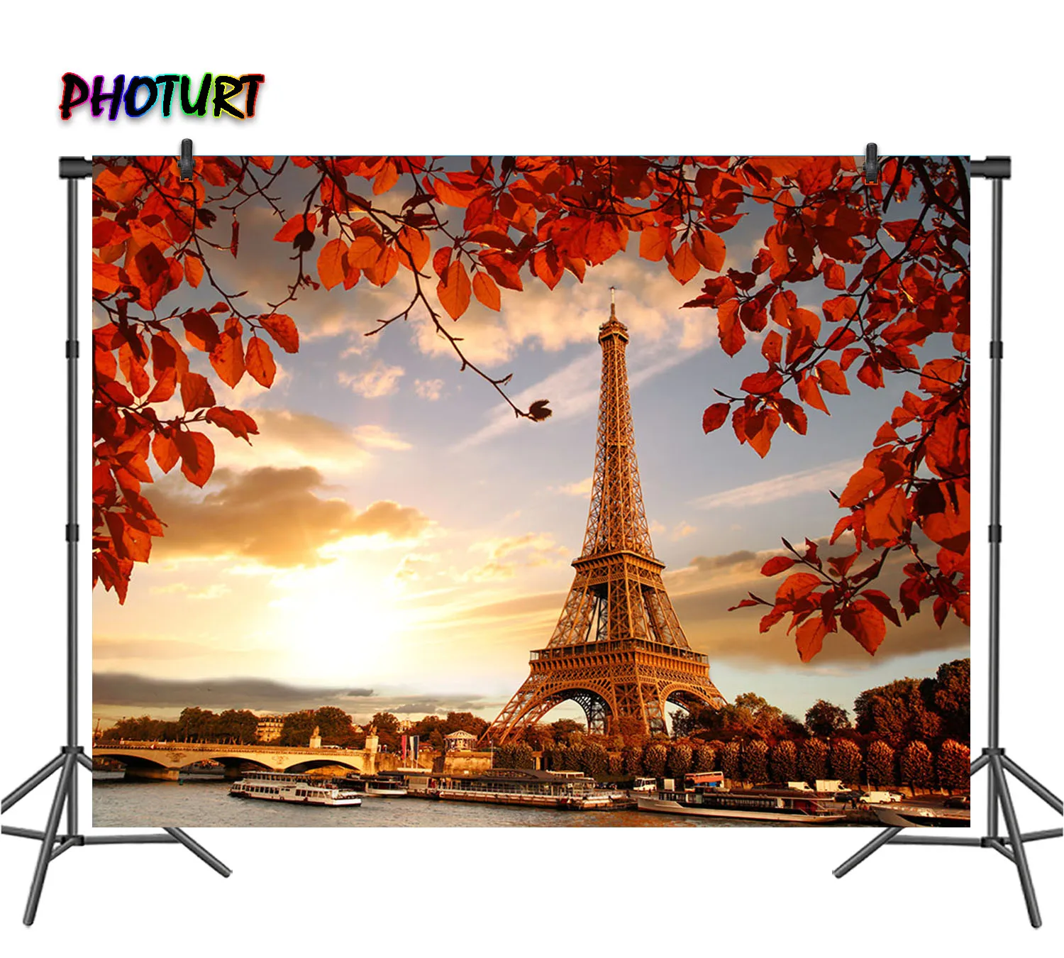 

PHOTURT Eiffel Tower Background for Birthday Wedding Backdrop Red Leaf Sunrise Polyester Vinyl Photo Decorate Props