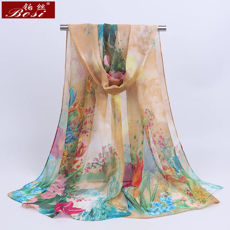 Lenço Chiffon para mulheres, lenços de seda finos, lenço de flor azul, hijab, atacado, primavera e verão, novo