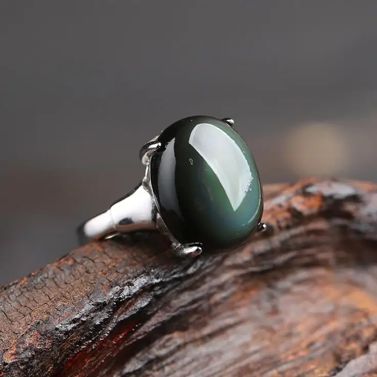 Natural Obsidian Ring Rainbow eye  Stone   Mosaic Ring Simple Men Women Gift Crystal Ring Jewelry Wholesale