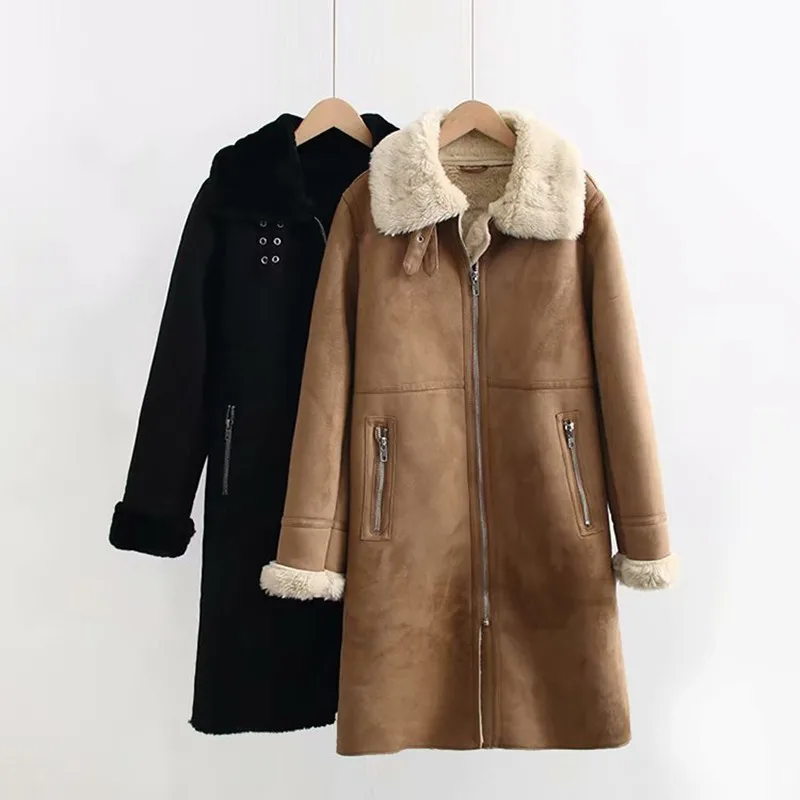 Winter Women Faux Suede Leather Jacket Fashion Lapel Long Fur Coat Thick Warm Faux Lambs Wool Fur Jacket Loose Overcoat Female