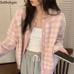 Pink Plaid Cardigan Women Cute Preppy Style All-match Outwear Single Breasted Students Korean Cozy Lovely Casual Knitwear Chic