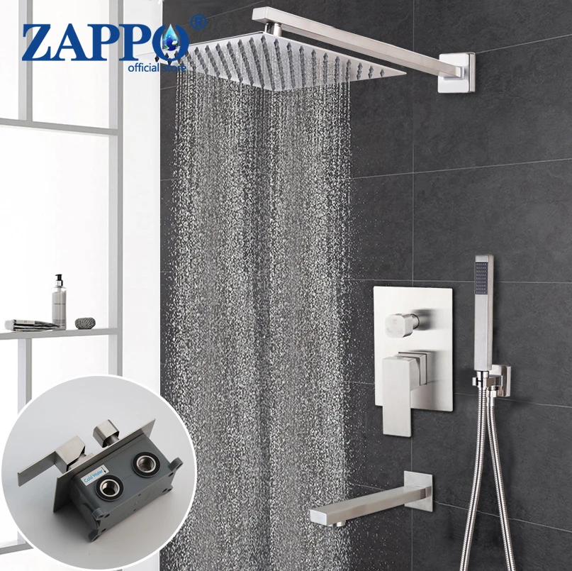 

ZAPPO Nickel Brush Shower Faucets Sets Embedded Box Mixer 3 Way Shower Head Rainfall Shower Faucet Kits Bathtub Tap