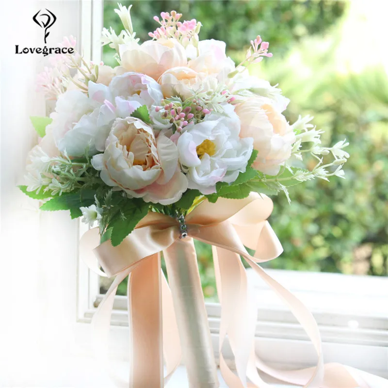 Lovegrace-ramo de flores artificiales, peonía de seda, 18 cabezas, champán, decoración de peonías, ramos de boda para damas de honor nupciales