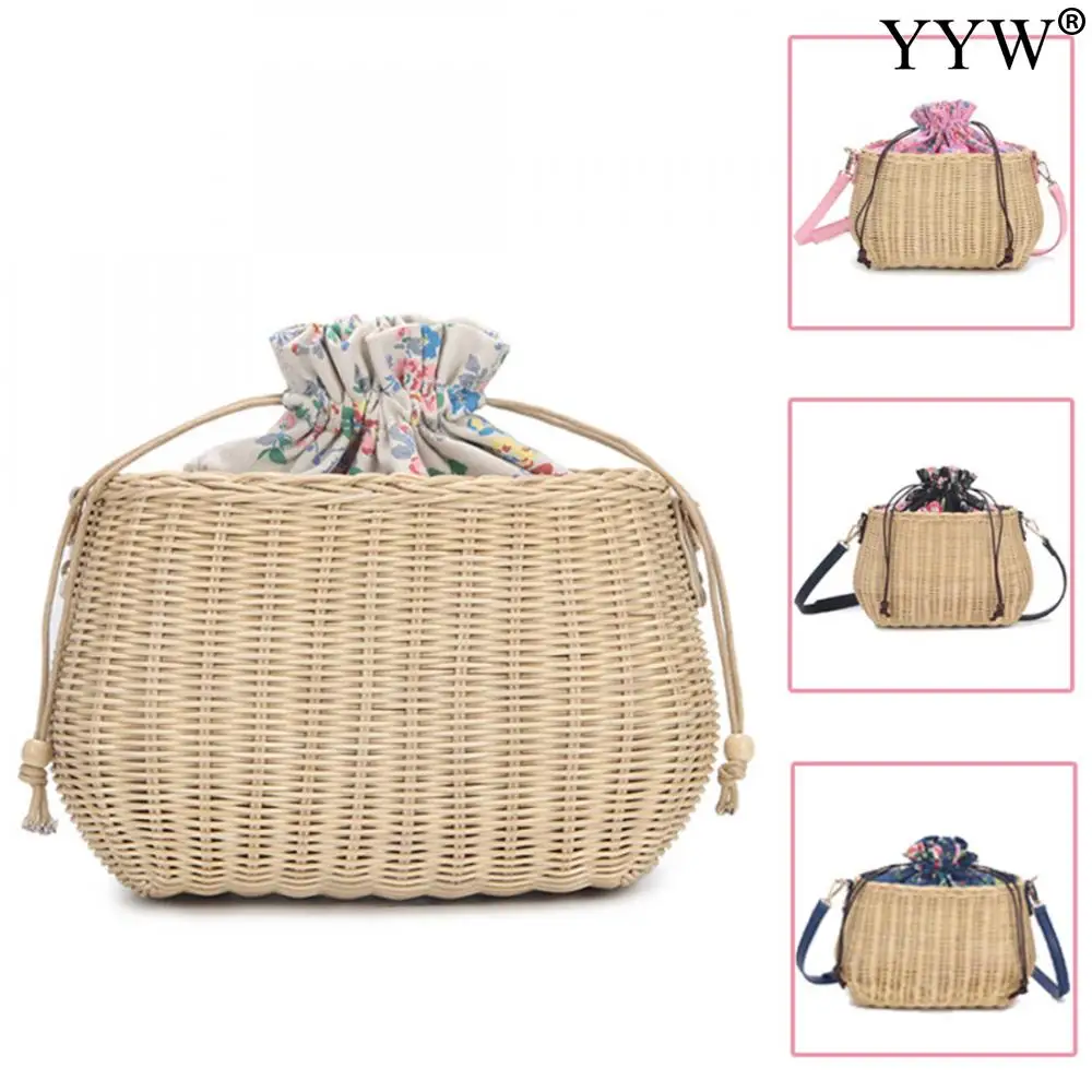 Straw Bag Women Woven Shoulder Bag Flower String Bow Rattan Bag Big Capacity Drawstring Casual Beach Shoulder Crossbody Bag