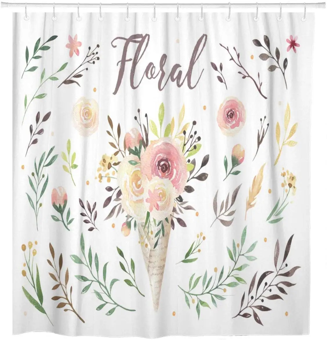 Boho Watercolor Floral Leaves Branches Flowers Bohemian Greenery Shower Curtain Waterproof Polyester Fabric 72 x 78 Inches Set