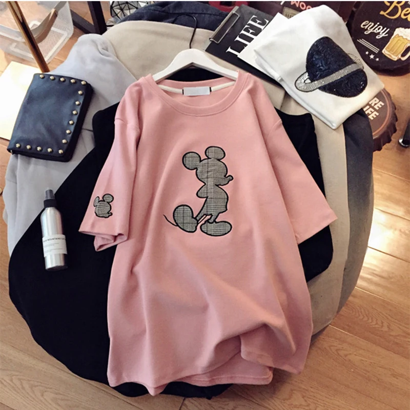 Women clothing couple fashion Mickey mouse cartoon letter printing O-neck short-sleeved cute mouse women's loose T-shirt