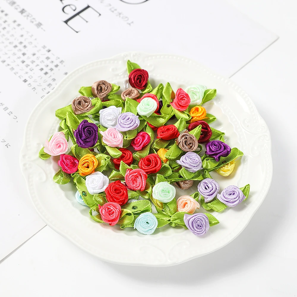 50/100Pcs Mini Rose Artificial Flowers Heads 2cm Buds Fabric Flower Wedding Decoration Craft Supplies Ribbon Bow-Knot Gift Decor