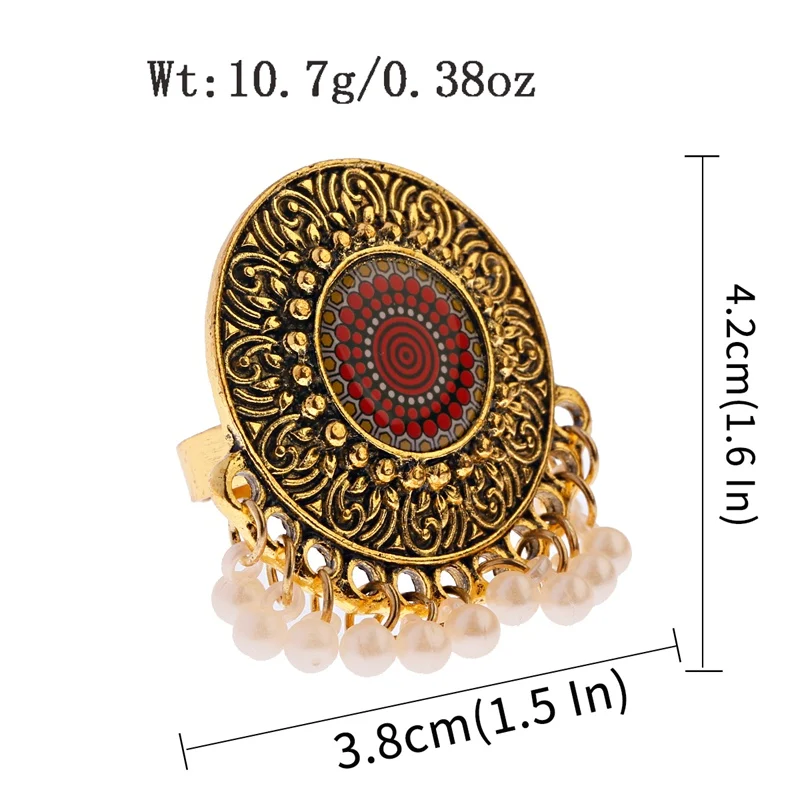 Vintage Gold Color Women Rings Indian Jewelry Engraved Flower Pattern Retro Party Female Pearl Tassel Finger Ring Stylish