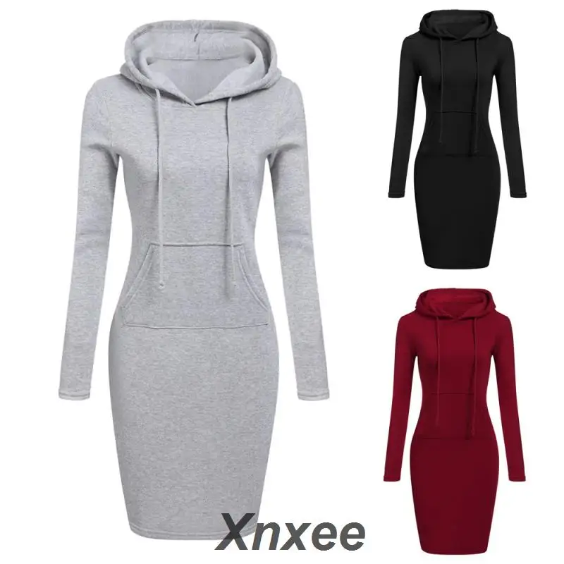 

Autumn Winter Warm Sweatshirt Long-sleeve Dress 2019 Women Clothing Hooded Collar Pocket Design Simple Woman Dress Xnxee