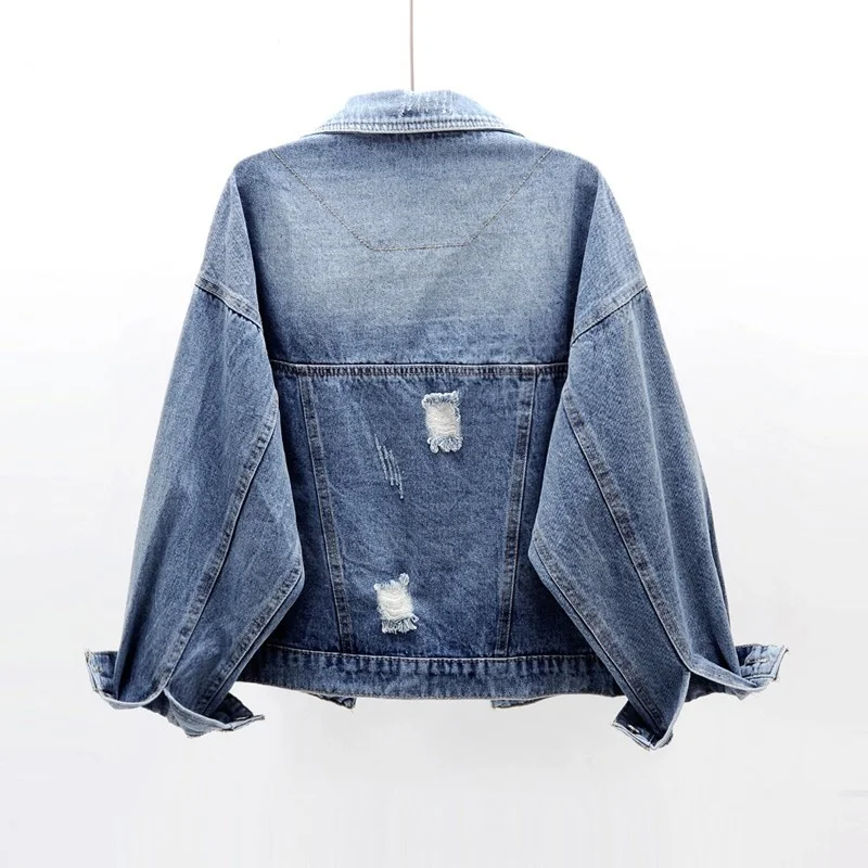 

Diamond Fashion Beading Ripped Hole Denim Coat Women Spring Loose Short Outerwear Street Blue Single Breasted Cowgirl Jacket