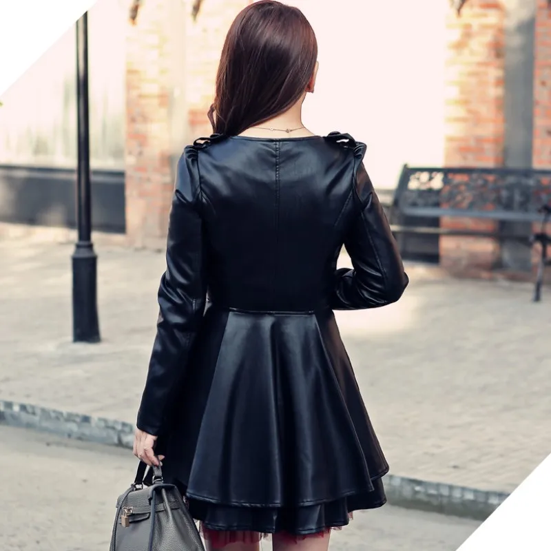 Italy Design Ruffles Ladies Faux Leather Single Breasted Long Women Jacket Big Size XL-6XL Slim Fit Female Outerwear Coat