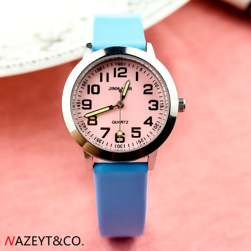 NAZEYT little boys girls cute pink face simple design quartz watch children PU leahter wristwatch kids luminous hands gift clock