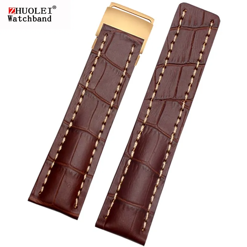 22mm 24mm High Quality Genuine Leather Strap Watch Band For Breitling mens watch cow leather bracelet with Deployment buckle