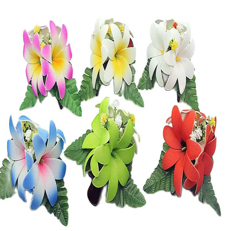 

Free Shipping HM1018 40pcs/lot 8Colors 15x15CM Foam Tiare W Fern Leaves Hair Claw Women Hair Accessories Hawaii Tropical Flower