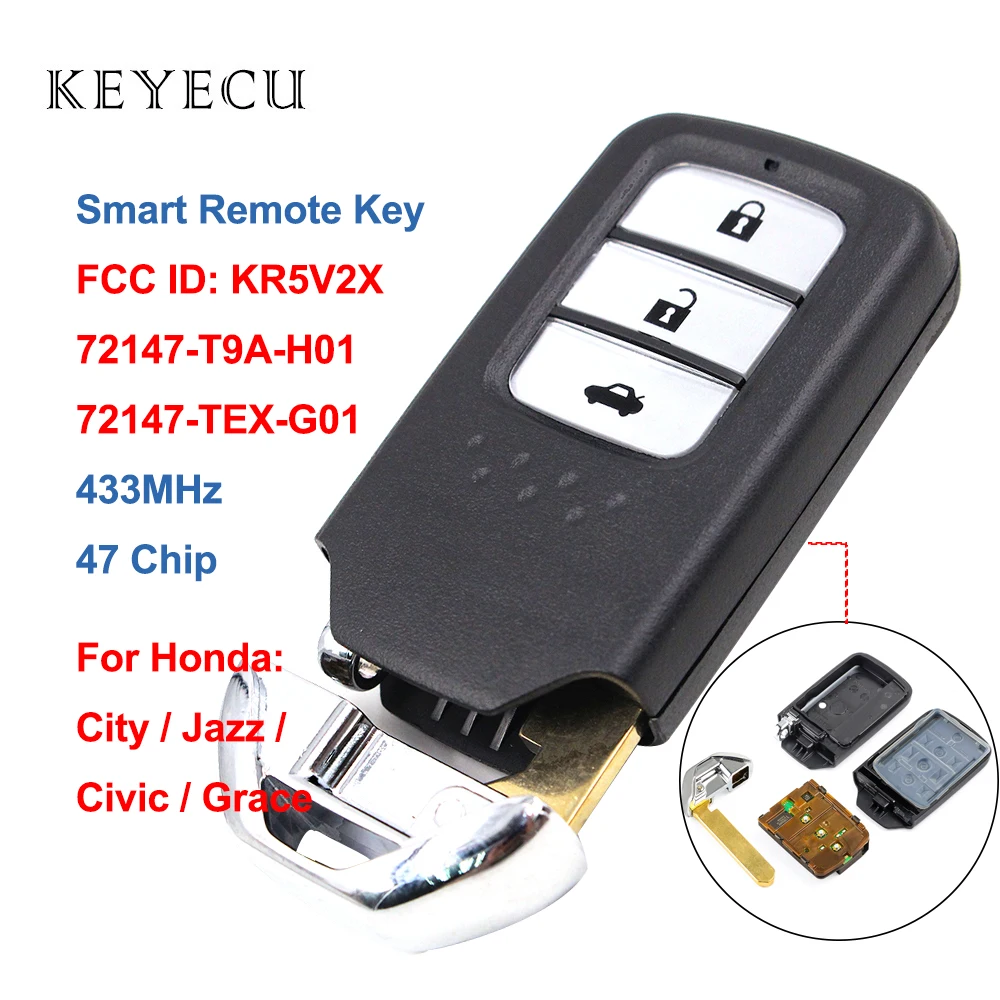 

Keyecu Smart Remote Car Key Fob 3 Buttons 433Mhz ID47 Chip for Honda City Jazz Civic Grace 2015+, FCC ID: KR5V2X