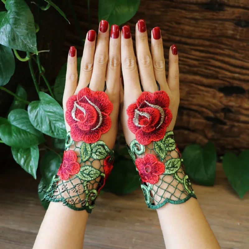 Conjunto de anillo y pulsera Retro de flores de encaje 3D para mujer, accesorios de guantes para fiesta en casa, decoraciones Rojas