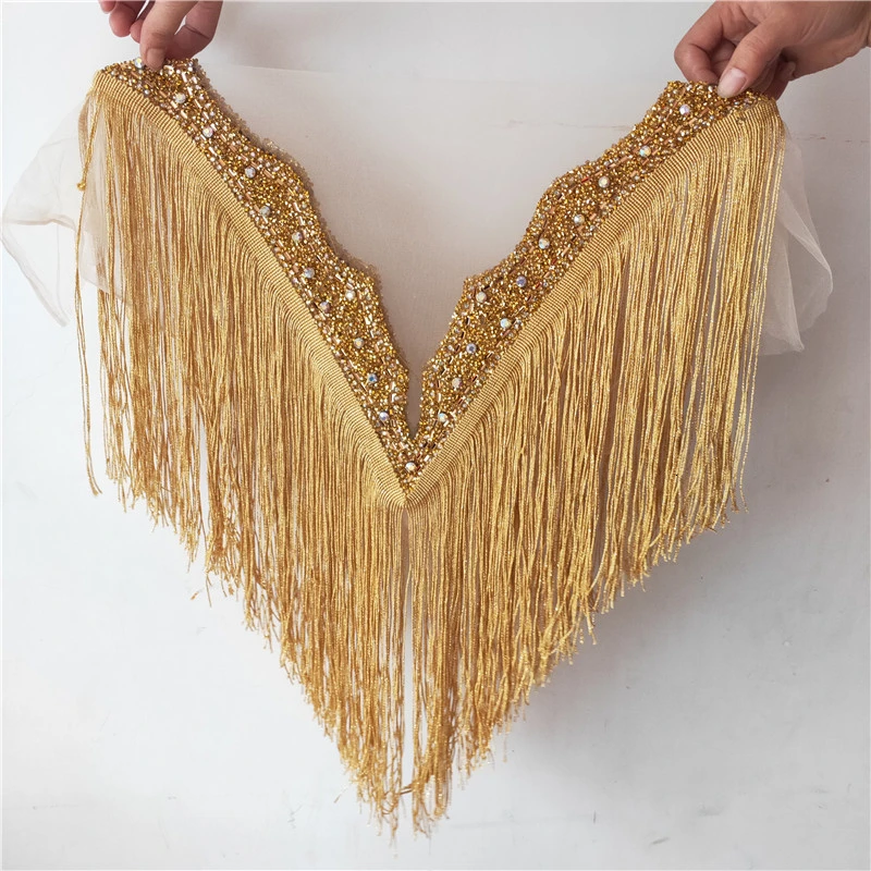 1pcs Hot Sale New Gold Wedding Embroidered Crystal Rhinestone Collar With Tassels Appliques Deep-V Neckline With More DIY Fringe