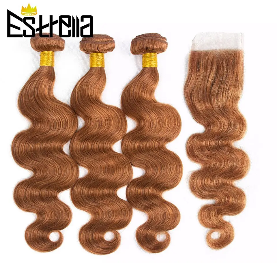 Gold Brown Body Wave Human Hair Bundles with Closure Brazilian Color 30 Remy Human Hair Bundles with 4x4 Lace Closure Free Part