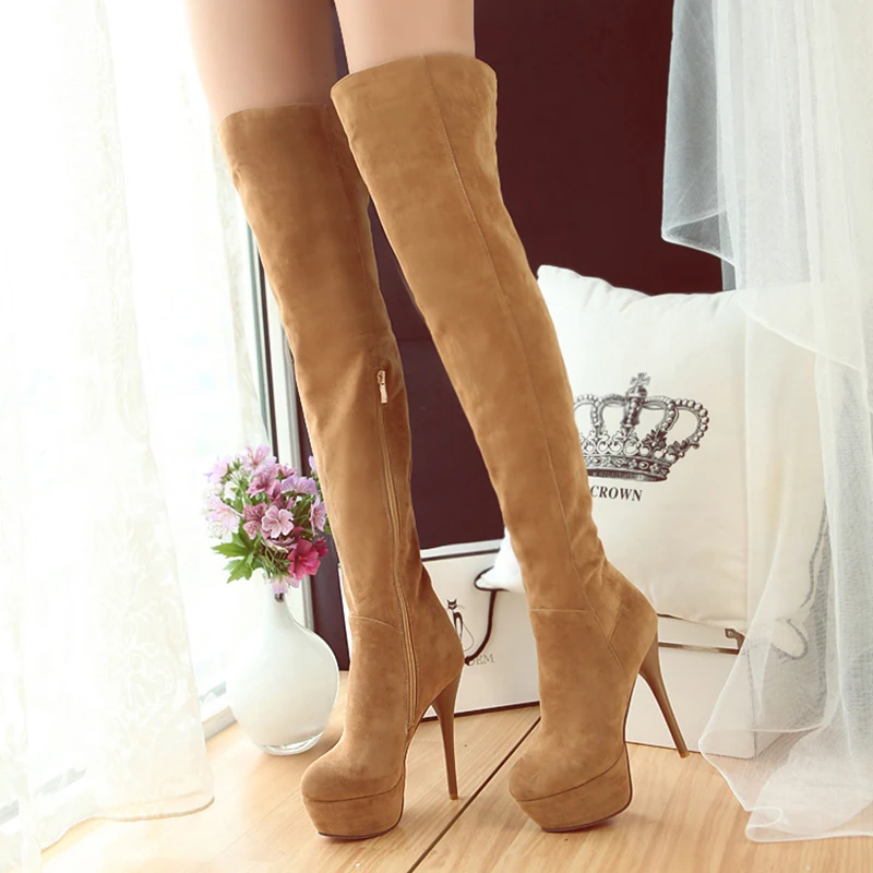 Winter Warm Plush Ultra-High Stiletto Long-Tube Women\'s Boots High Waterproof Platform Side Zipper Over-The-Knee Boots 2024