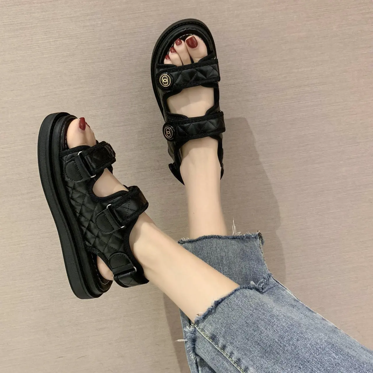 Women Summer Sports Sandals Thick-soled Increased Plaid Roman Shoes With  Casual RoundToe Comfortable Felmale Flat Sandals