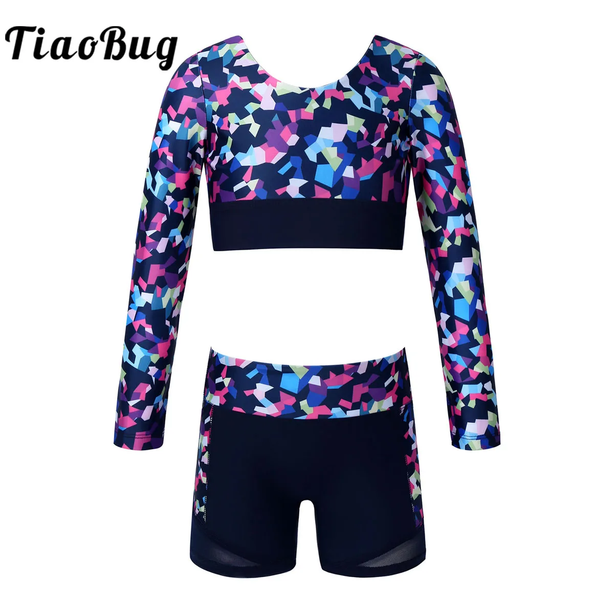 

Kids Girls Long Sleeves Sports Tops Shorts Sets Ballet Dance Outfits Gymnastics Leotard Mermaid Printed Dance Workout Clothing