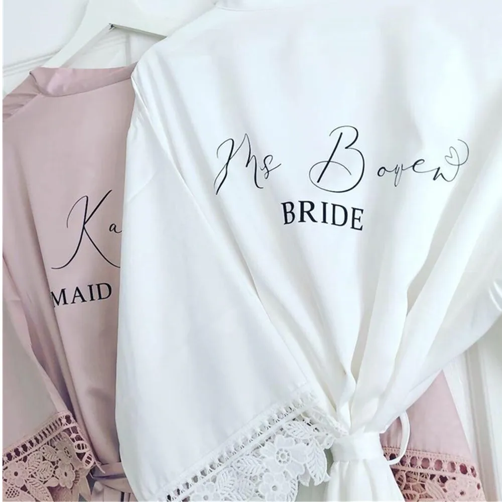 satin lace bride robe maid of honour Nightwear custom flower girl Bathrobe wedding keepsake Christmas gift get ready nightgown