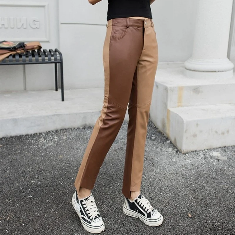 

Women Fashion Colors Mixed Sheepskin Genuine Leather Pencil Pants Casual Female Slim Fit Ankle Length Pants Streetwear Trousers