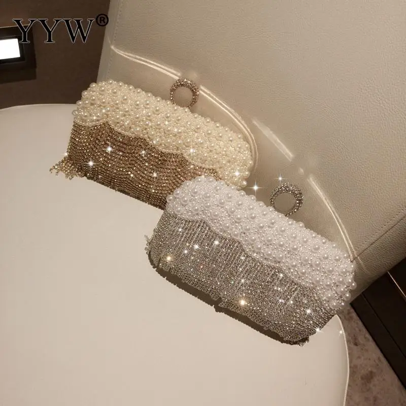 White Pearl Ring Clutch Handbags Women Rhinestone Tassel Clutches Purse Wedding Sac A Main Femme 2024 Luxury Party Bags Pouch