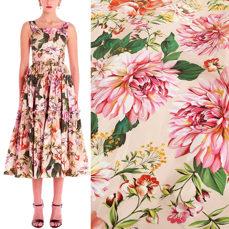 Europe and America Sicily Big Flower Printed Cotton Or Satin Fabric For Woman Summer Dress Blouse DIY Cloth Sewing Material