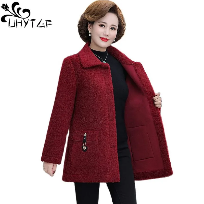 

UHYTGF Middle-Aged Mother Autumn Winter Woolen Coat Long-Sleeve 5XL Loose Size Outerwear Lamb Cashmere Casual Women Jacket 2328