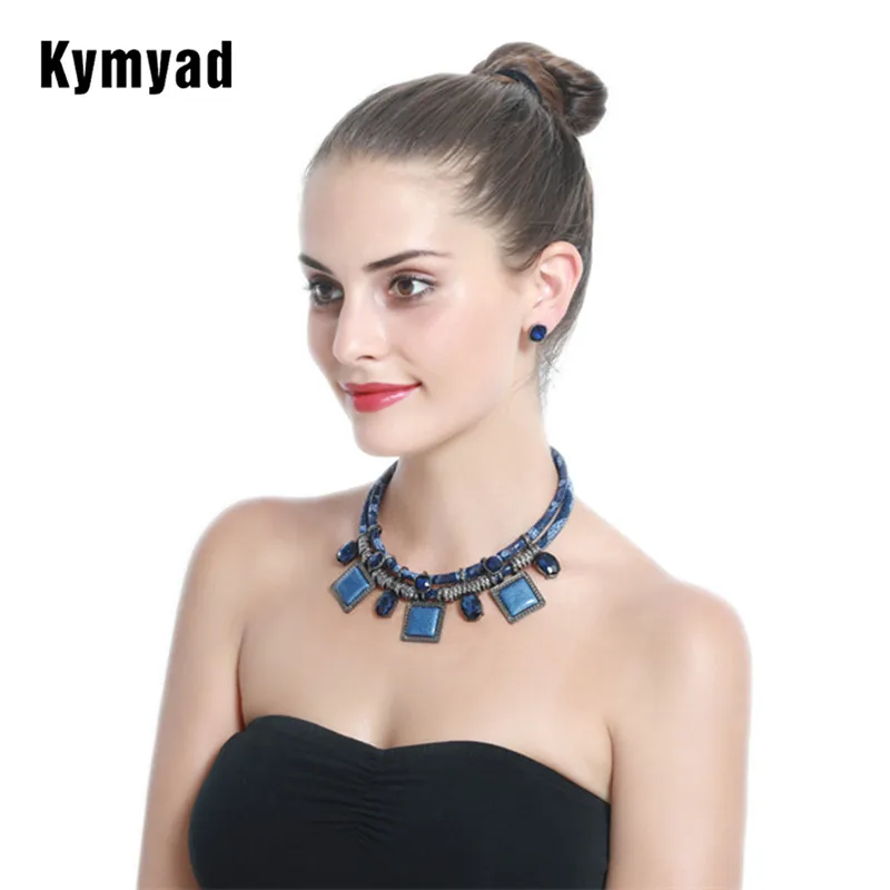 Kymyad Vintage Jewelry Sets For Women Geometric Resin Square Pendant Necklace Earrings Set Crystal Stone Jewelry Set