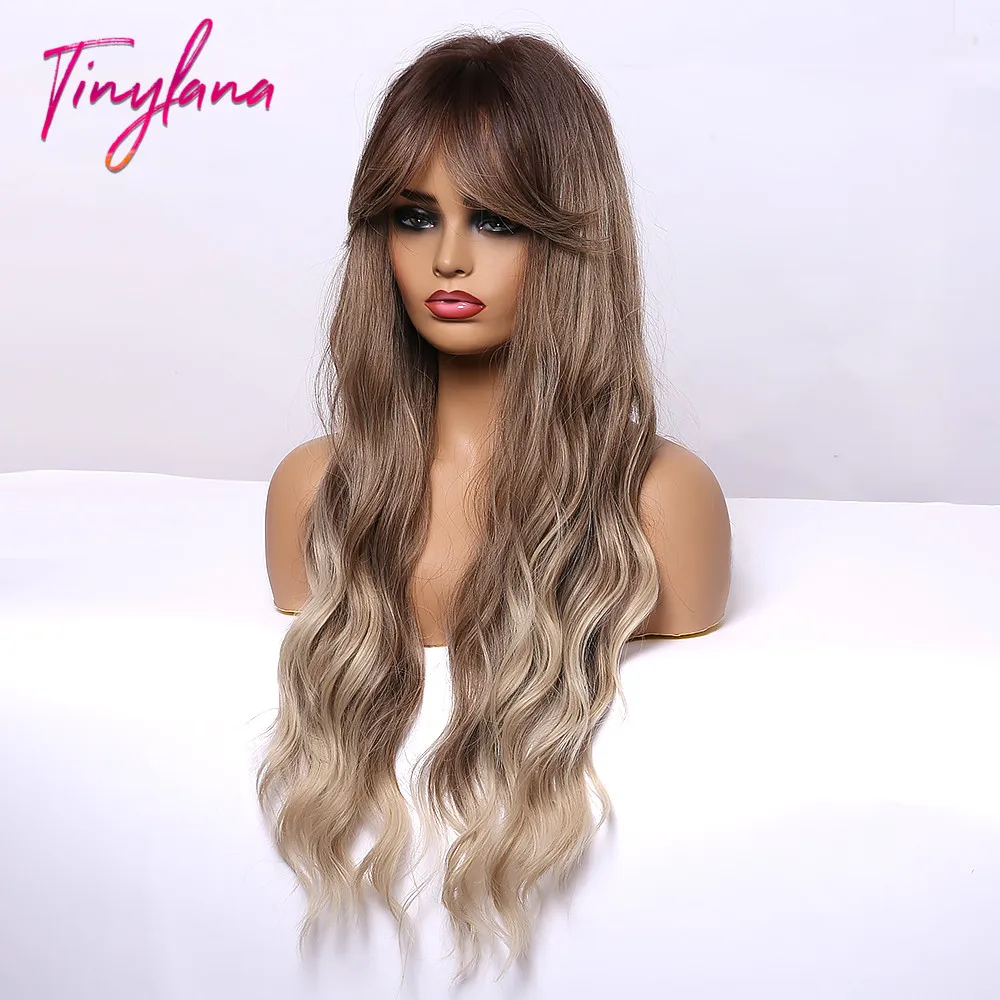 Małe LANA syntetyczne długie włosy typu Body Wave peruki brązowy do blond Ombre peruka z grzywką dla kobiet naturalne Cosplay odporne na ciepło do