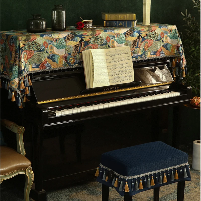 

Vintage Printing Piano Cover Parrot Embroidery Flowers Birds Chair Keyboard Cover Luxury Modern European Piano Cover Home Decor