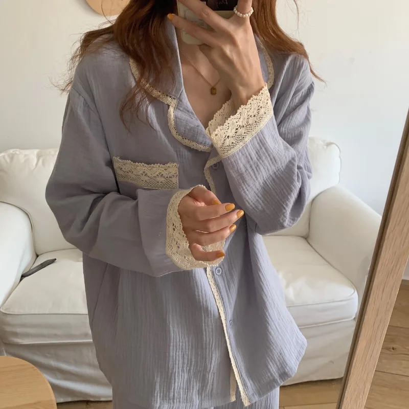 vintage lacework soft cotton sleepwear women pajama set loose casual pyjamas suit two piece set crepe home clothes trousers