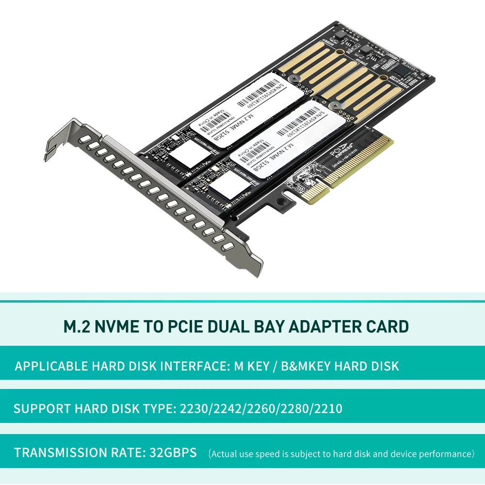 Адаптер M.2 Nvme и Nvme для PCIE Riser X8/X16, для жесткого диска, интерфейса для двух дисков, расширение Gen3 32 Гбит/с для 2230/2242/2260/2280 SSD