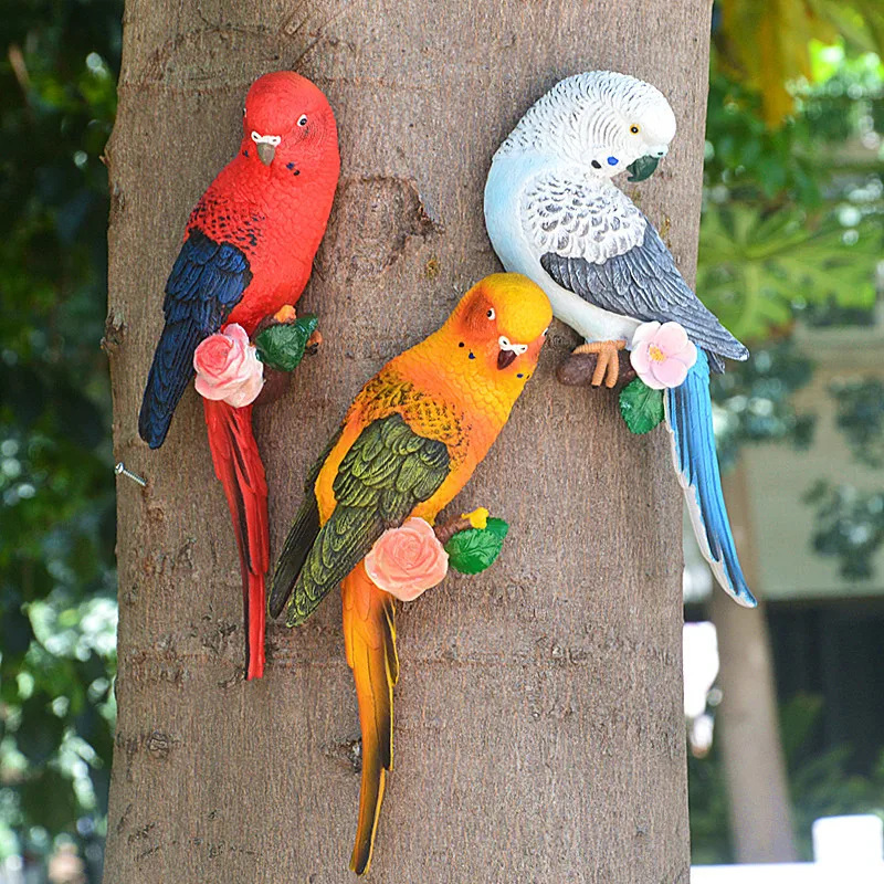 Resin Budgerigar Parrot Statue Tree Wall Mounted DIY Outdoor Garden Decoration Animal Sculpture For Home Office Decor Ornament