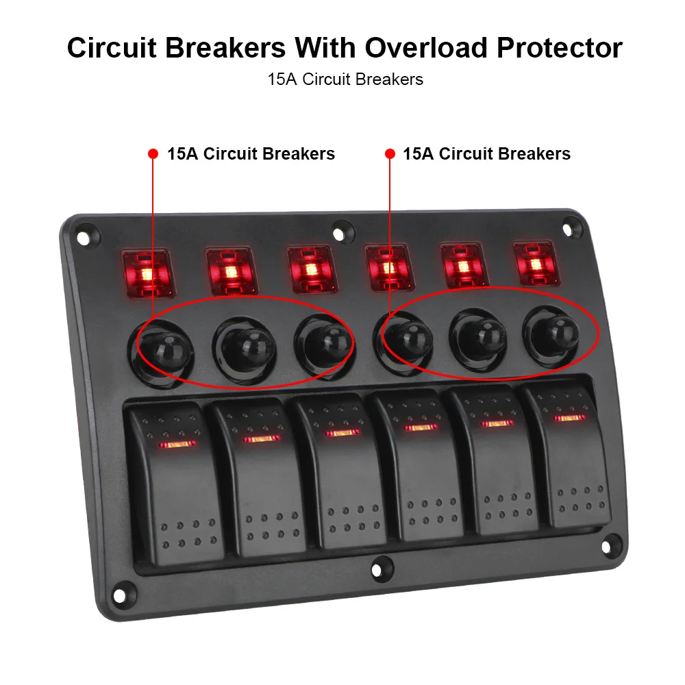 24 V 12 V 6 Gang Licht Kippschalter Panel Tasten Circuit Control Mit Sicherung LED Anzeige Auto Zubehör für Boot Lkw Anhänger – Detail 10