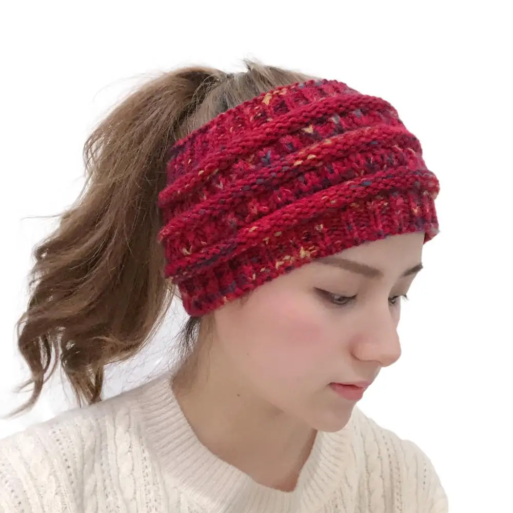 Hot Sale Ladies Plus Velvet Knitted Ponytail Hat Widened Empty Top Sweater Head Cap With Colored Ponytail Hair Accessories