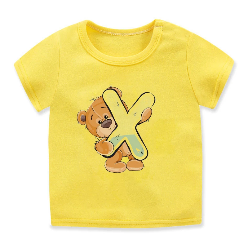 

Novelty design boys t-shirt cute bear and letter print kids tshirt summer fashion tee boys yellow short sleeve tops wholesale