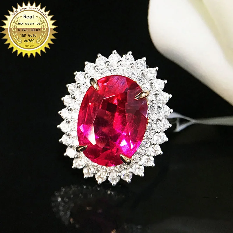 

Real 18K Gold ring Lab Created 4ct Ruby and Moissanite Diamond Ring With national certificate Ru-002