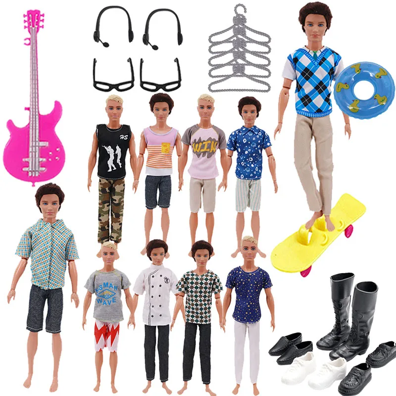 30 Pcs Mannelijke Barbiees Set = 5 Set Kleding + 5 Rekken + 4 Paar Schoenen + 1 Zwemmen ring + 1 Gitaar + 1 Skateboard + 2 Glazen + 2 Oortelefoon