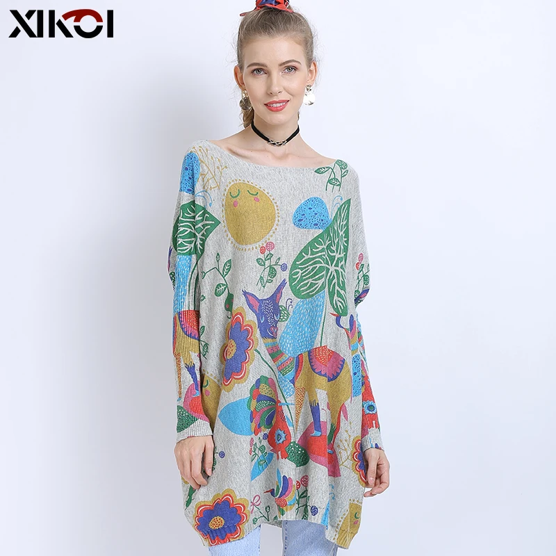 XIKOI Winter Wool Oversized Sweater For Women Warm Long Pullover Dresses Cartoon Print Jumper Casual Knitted Sweaters Pull Femme