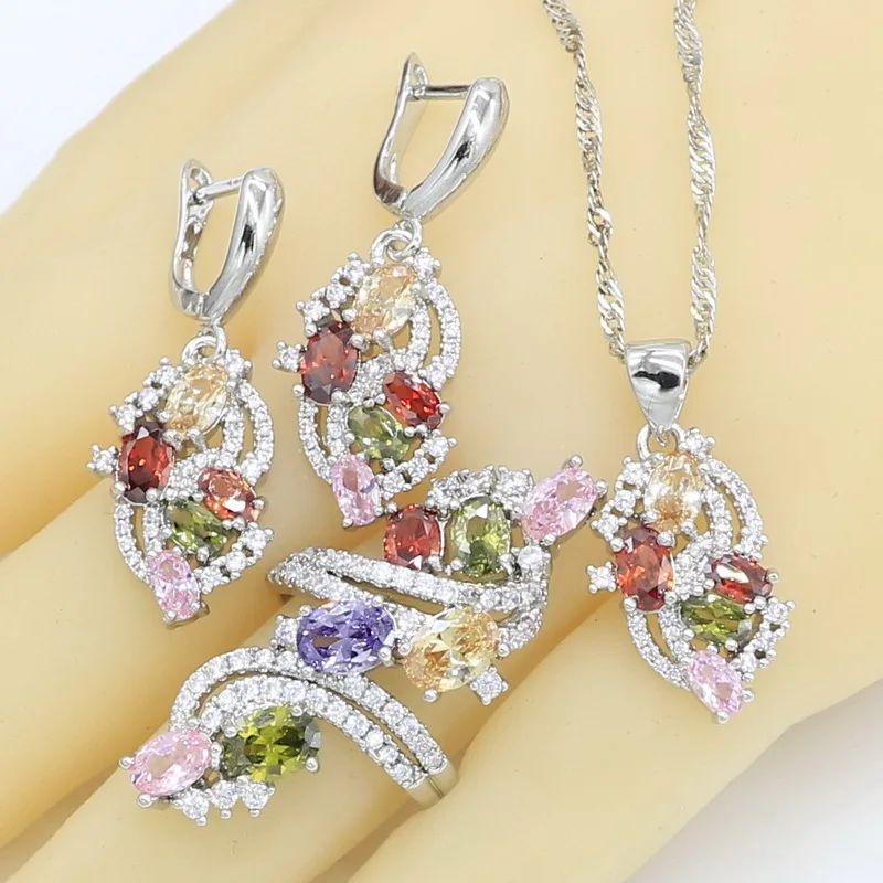 Classic Silver Color Jewelry Sets for Women Multicolor Zircon Necklace Pendant Earrings Ring Bracelet Wedding Gift