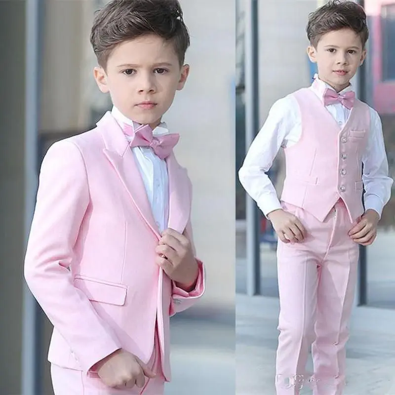 Boy Pink Suit Wedding Tuxedos Peak Lapel One Button Boy Formal Wear Kids Suits for Prom Party Custom Made(Blazer+Pants+Vest+Bow)