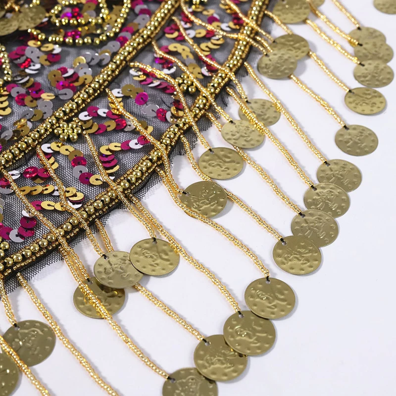 Ręcznie Robione Akcesoria do Tańca Brzucha Błyszczący Pas Szydełkowy Cekiny Chusta na Biodra Monety do Shimmy Owijki Koraliki Frędzle Pasy Tribalne