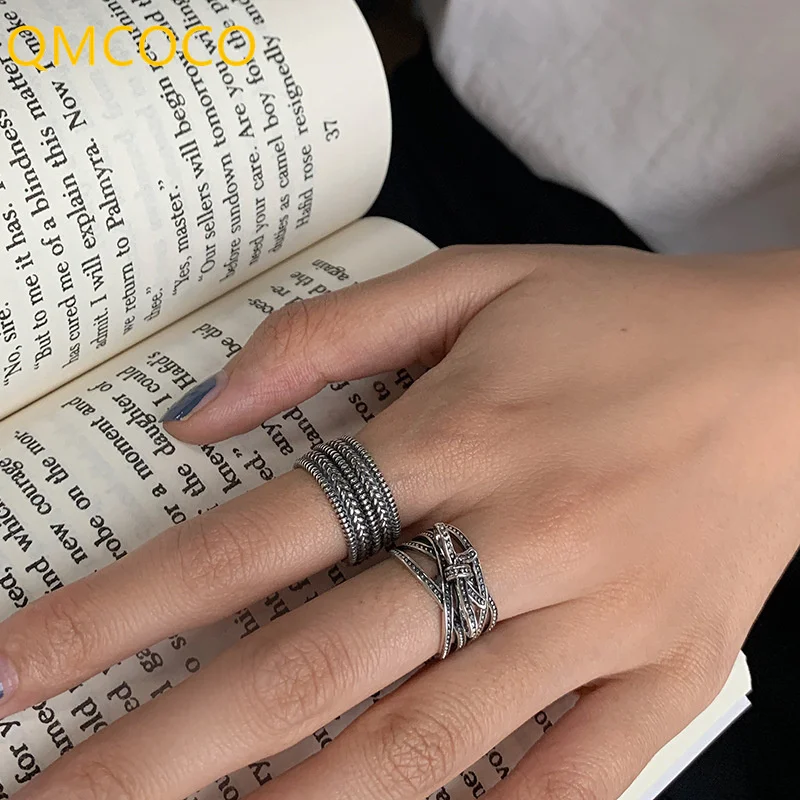 QMCOCO  Silver Color Trendy Rings For Women Creative Simple Double Layer Knotted Geometric Vintage Do Old Party Jewelry Gifts