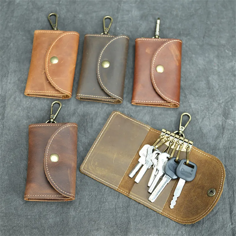 Handmade Genuine Leather Keychain Men Key Holder Organizer Pouch Key Wallets Housekeeper Key Case Card Holder Male Random Color